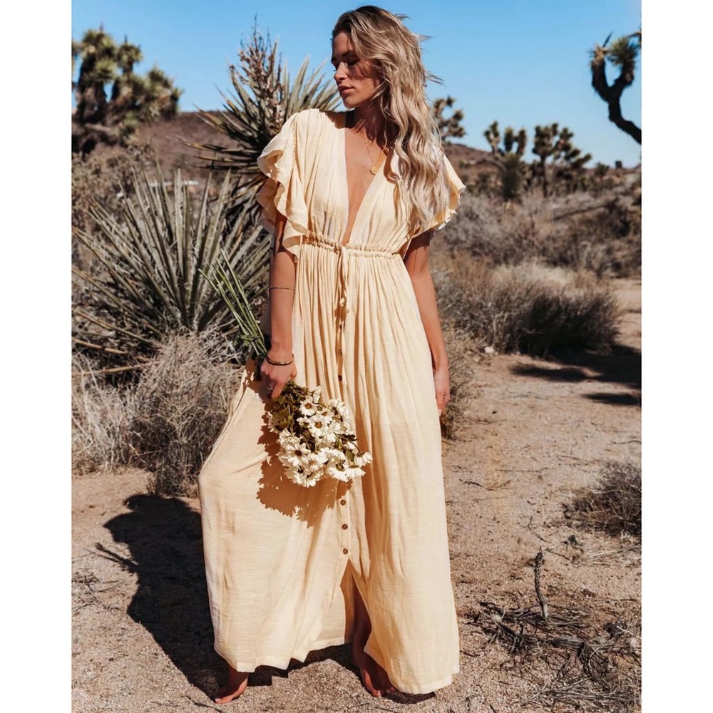 SOLD OUT Cream Gauze Boho Raw Hem Button Maxi Dress - Picture 2 of 11